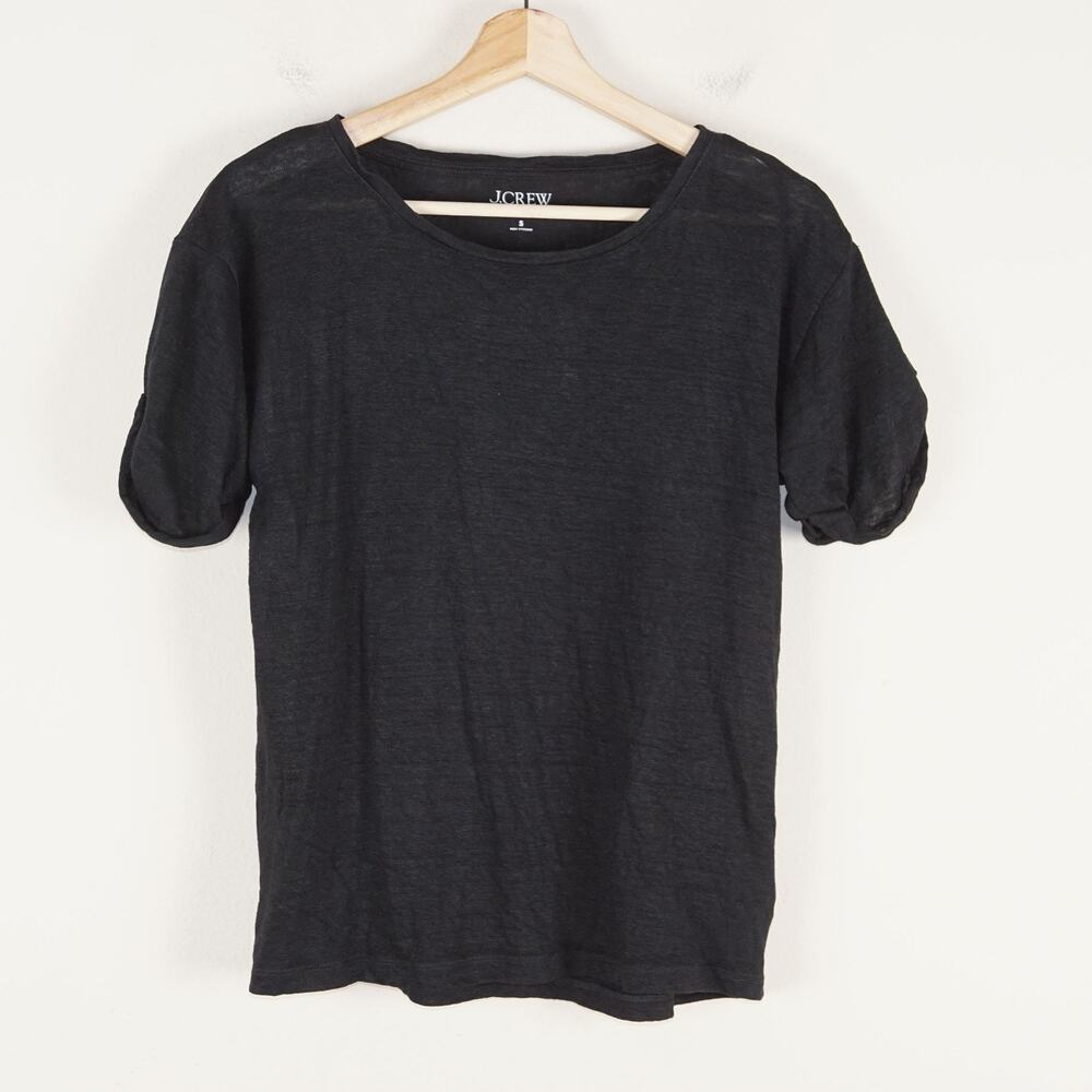 J Crew Black Rolled Cuff Sleeve 100% Linen Tee Shirt Womens Sz S
